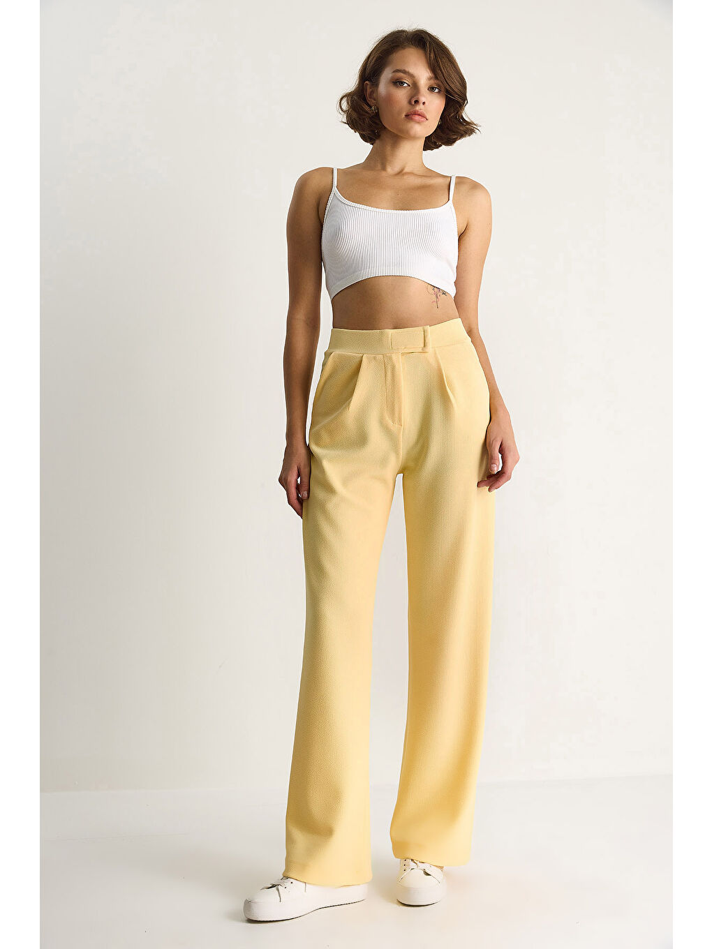 Sarı Kadın Beli Cırtlı Rahat Palazzo Pantolon-2