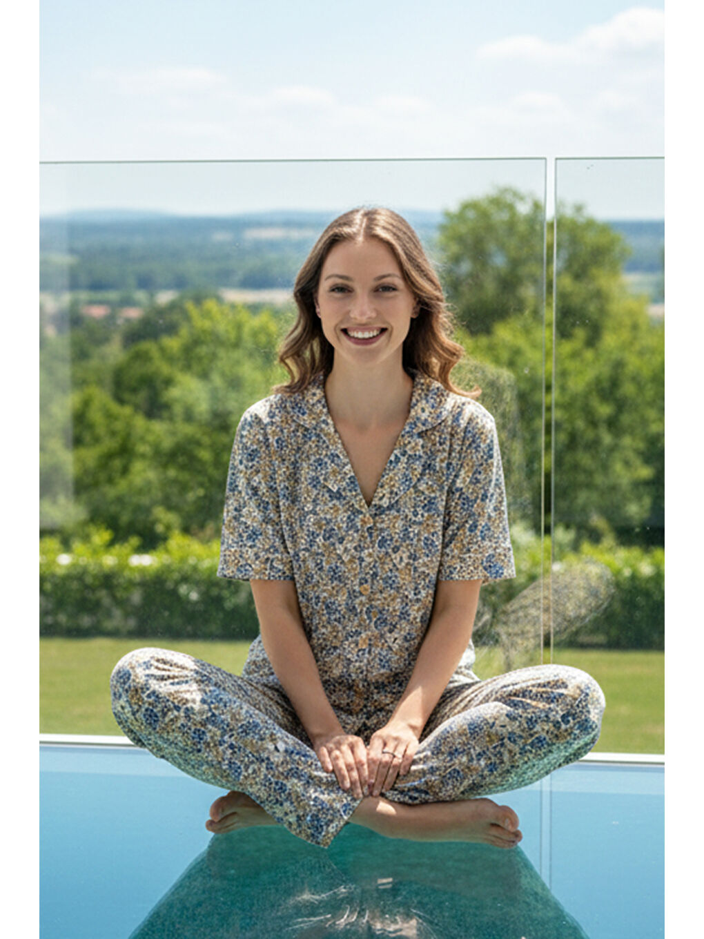 Lila Kadın Çiçek Desenli Kısa Kol Suprem Pijama Takımı 0241 Ekru01-3