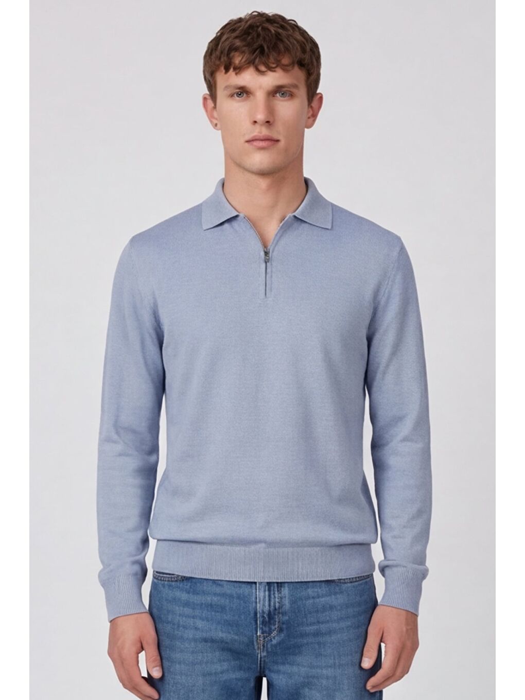 Erkek Açık Mavi Normal Kesim Regular Fit Yünlü Düz Fermuarlı Polo Yaka Triko Kazak