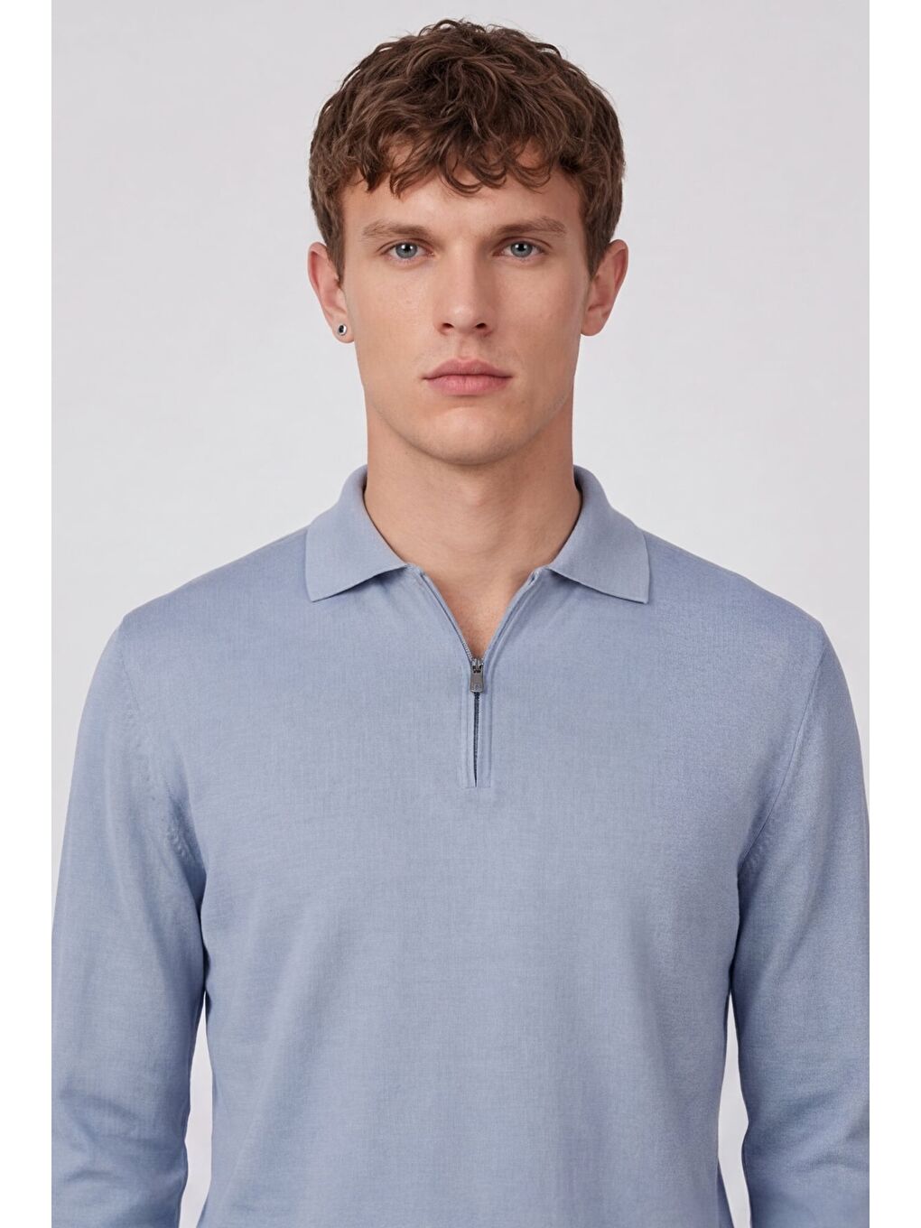 Erkek Açık Mavi Normal Kesim Regular Fit Yünlü Düz Fermuarlı Polo Yaka Triko Kazak-1