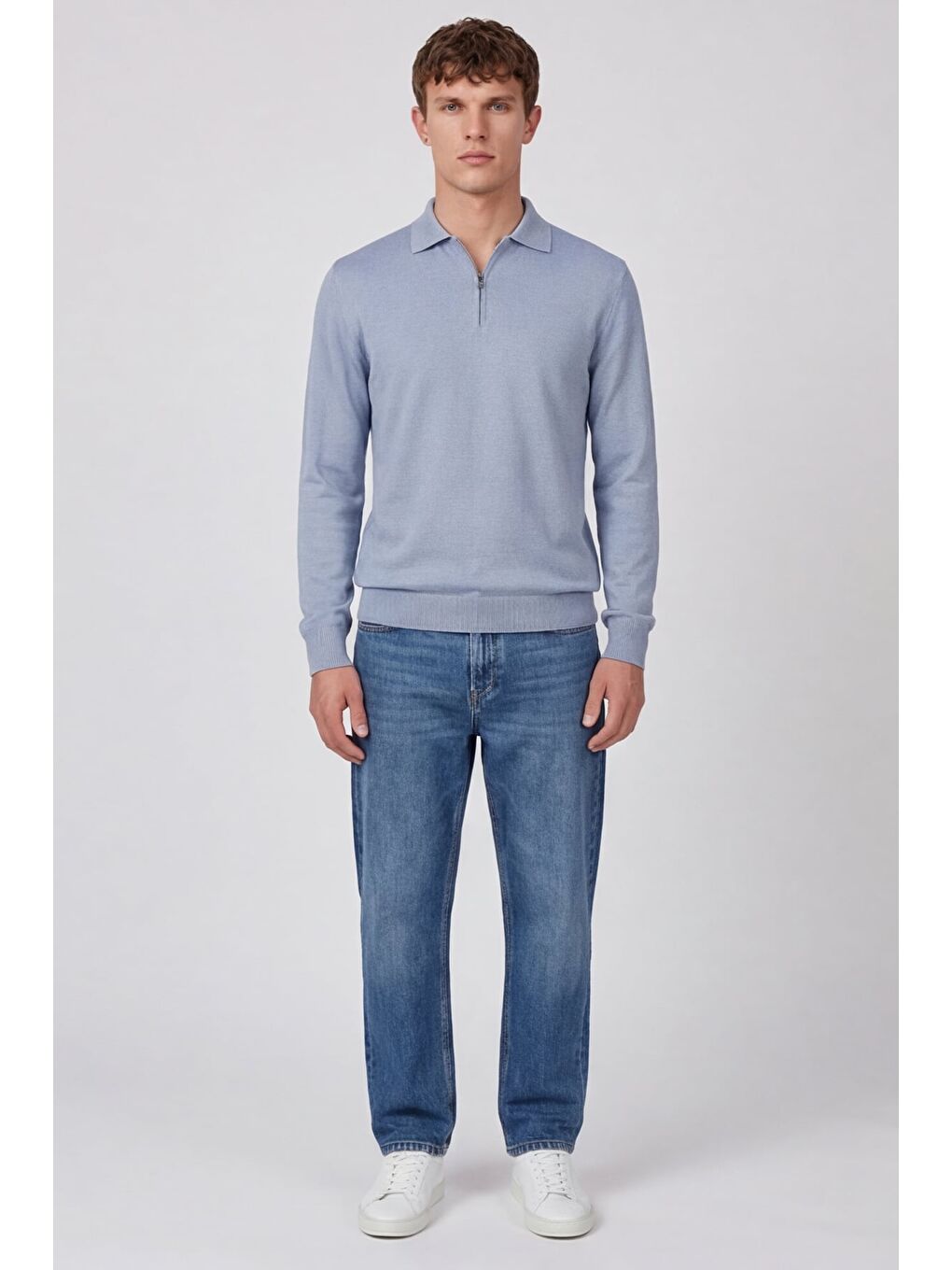 Erkek Açık Mavi Normal Kesim Regular Fit Yünlü Düz Fermuarlı Polo Yaka Triko Kazak-2
