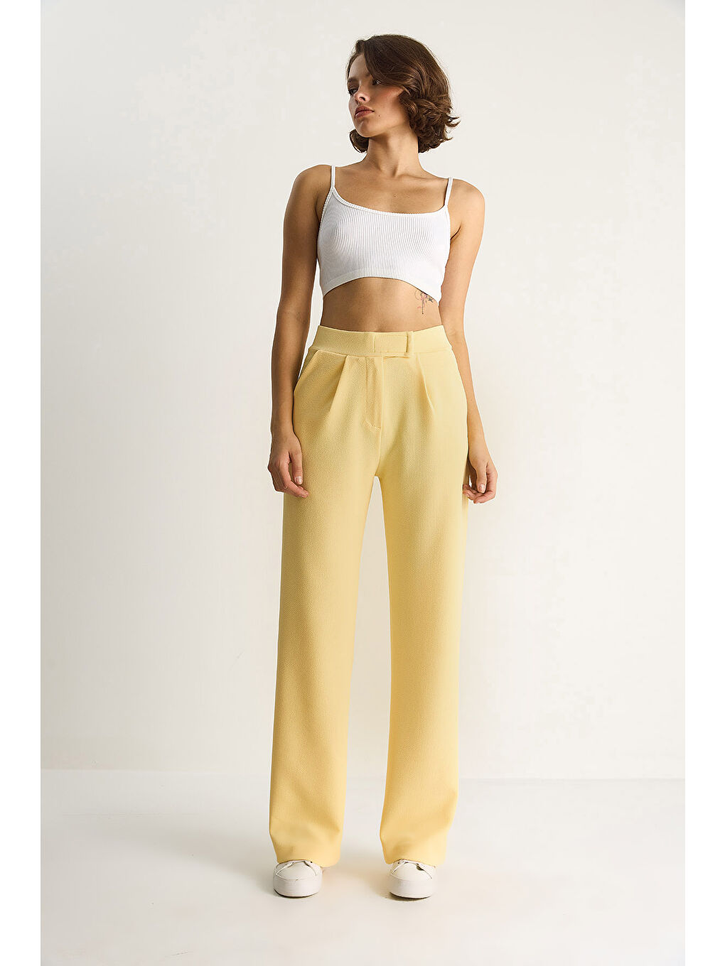Sarı Kadın Beli Cırtlı Rahat Palazzo Pantolon-3