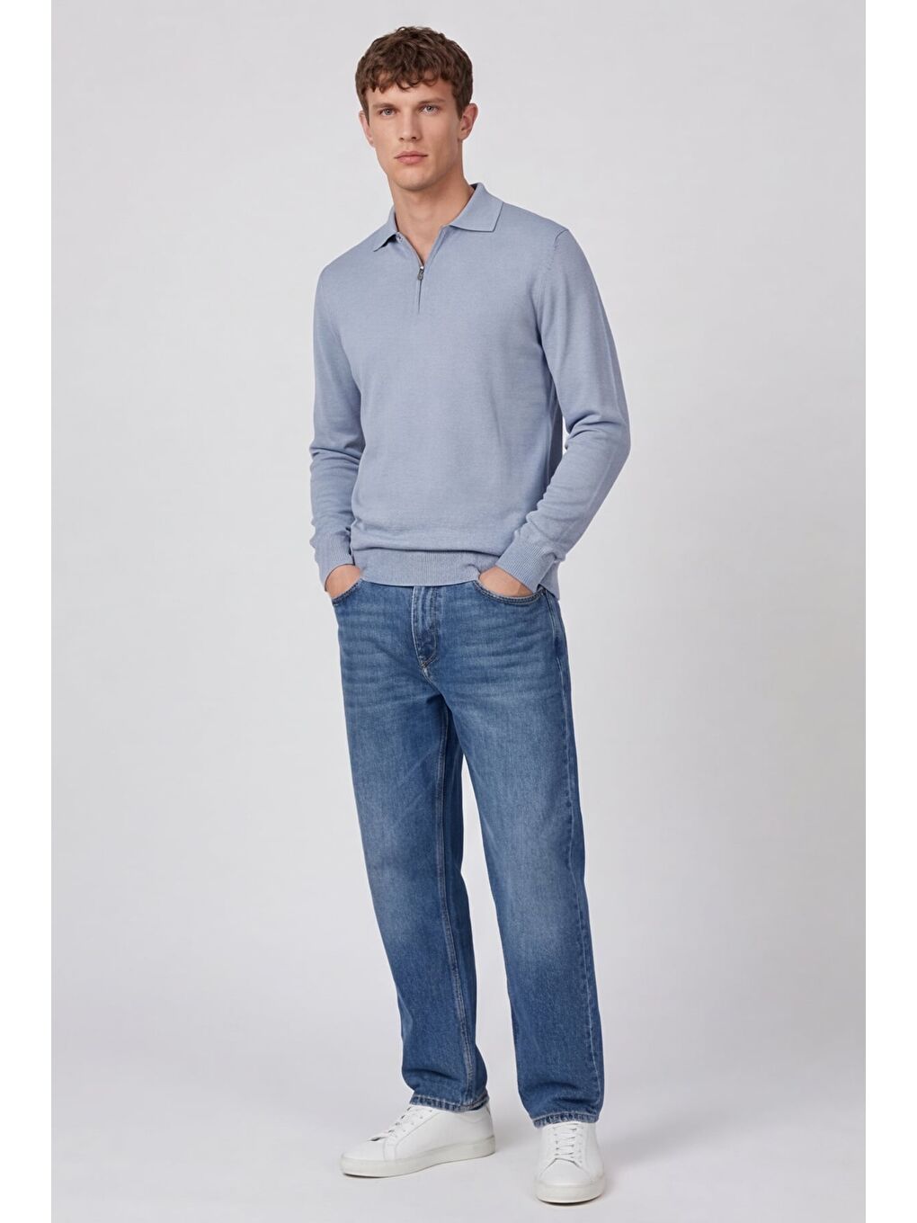 Erkek Açık Mavi Normal Kesim Regular Fit Yünlü Düz Fermuarlı Polo Yaka Triko Kazak-3