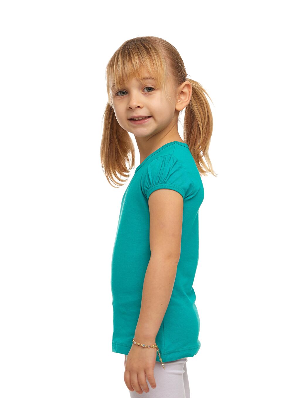 Açık Petrol Kız Çocuk Kısa Kollu Basıc Tişört-1