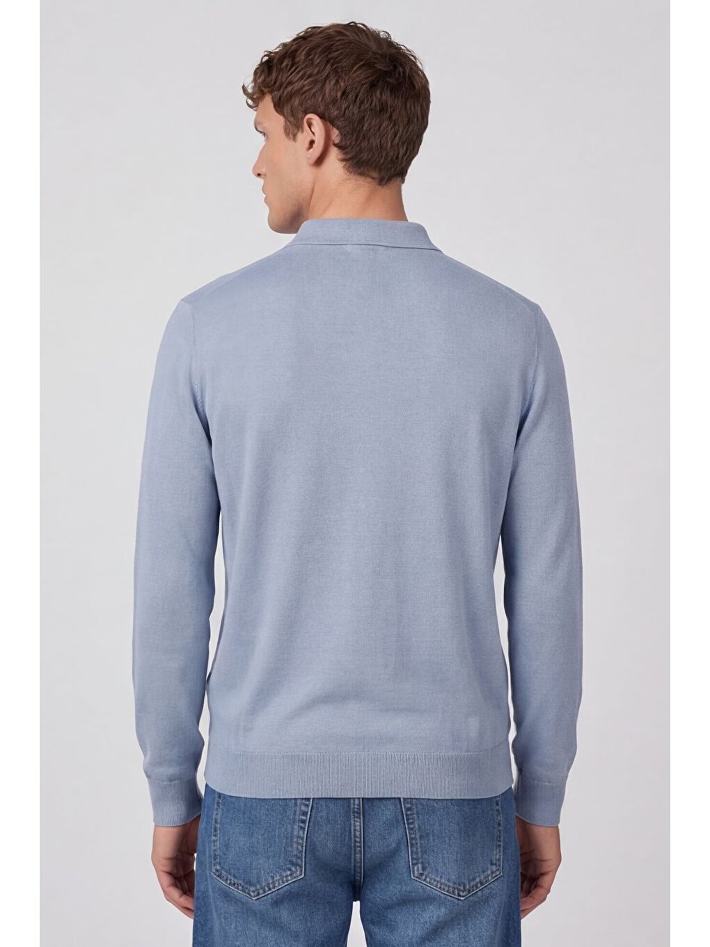 Erkek Açık Mavi Normal Kesim Regular Fit Yünlü Düz Fermuarlı Polo Yaka Triko Kazak-4