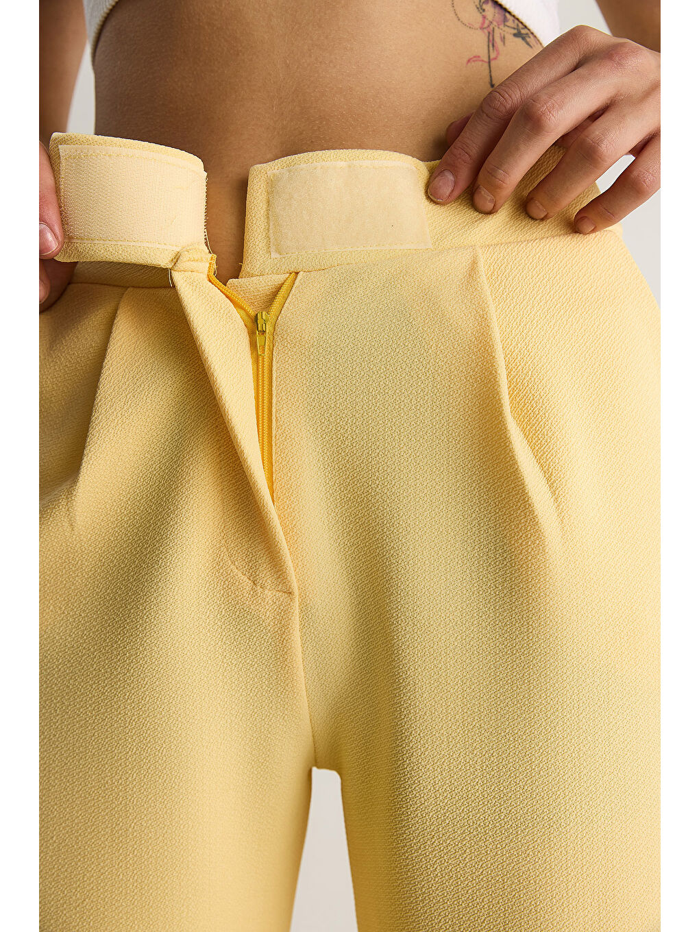 Sarı Kadın Beli Cırtlı Rahat Palazzo Pantolon-4