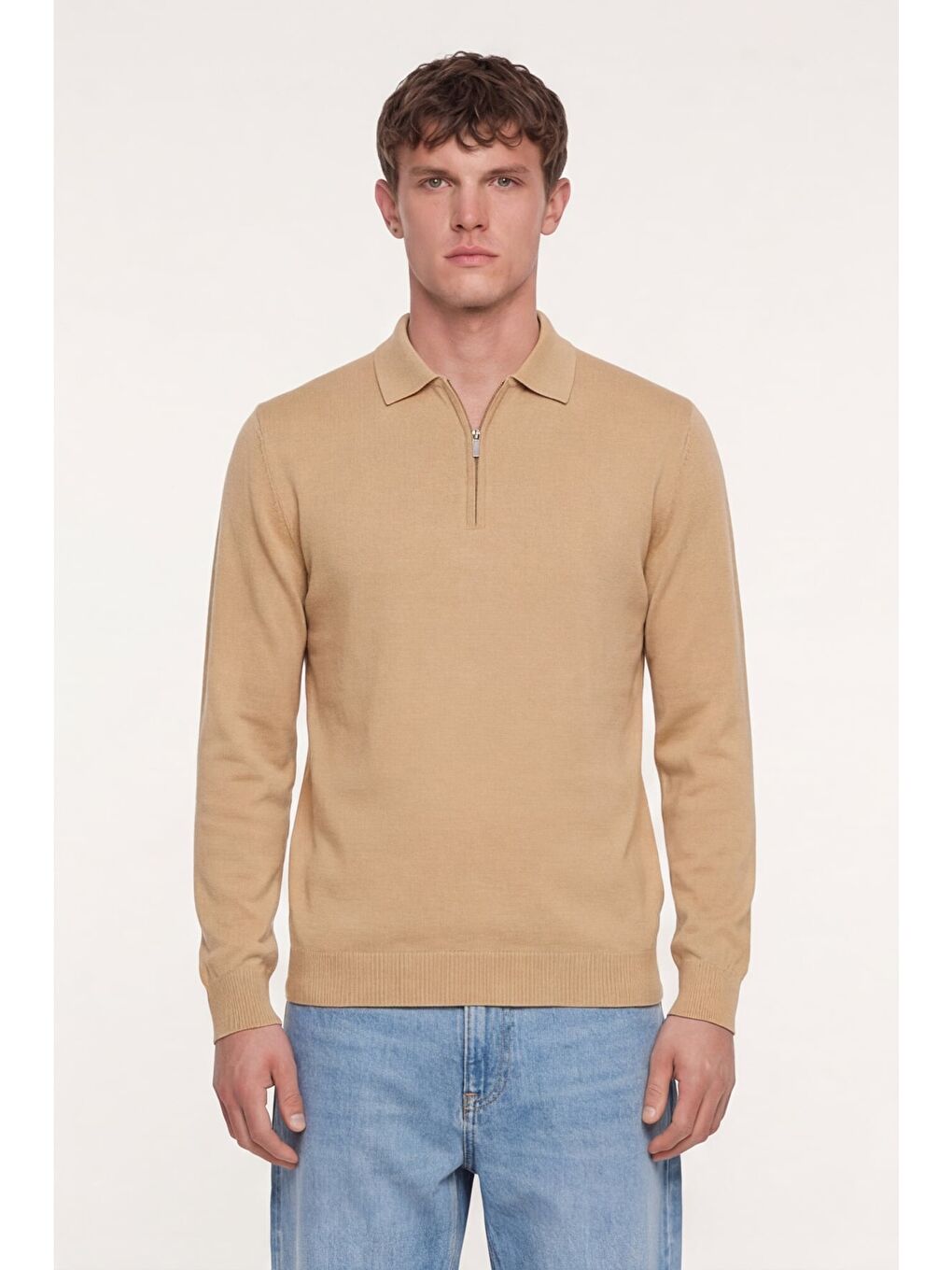 Erkek Açık Bej Normal Kesim Regular Fit Yünlü Düz Fermuarlı Polo Yaka Triko Kazak