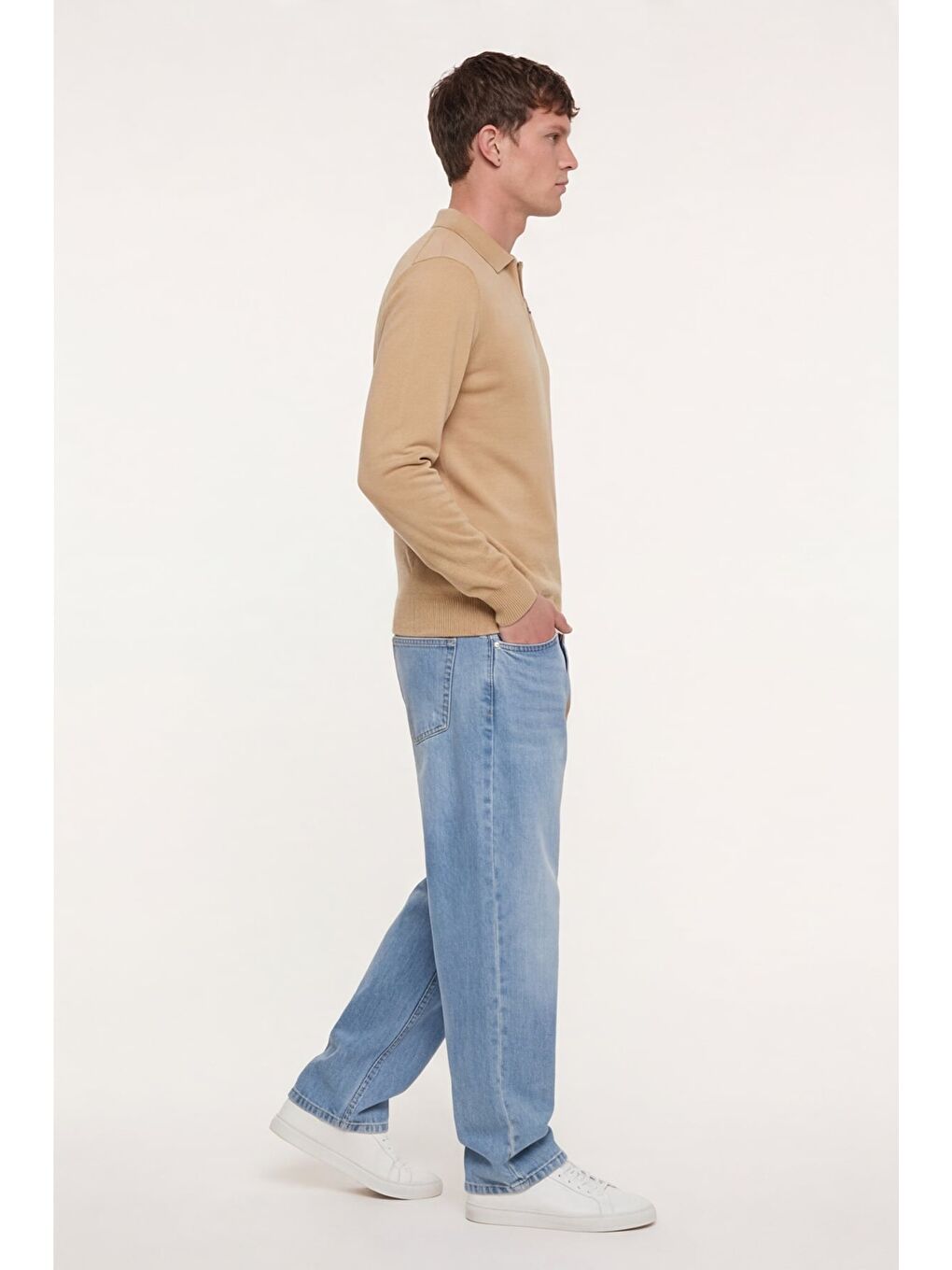 Erkek Açık Bej Normal Kesim Regular Fit Yünlü Düz Fermuarlı Polo Yaka Triko Kazak-2