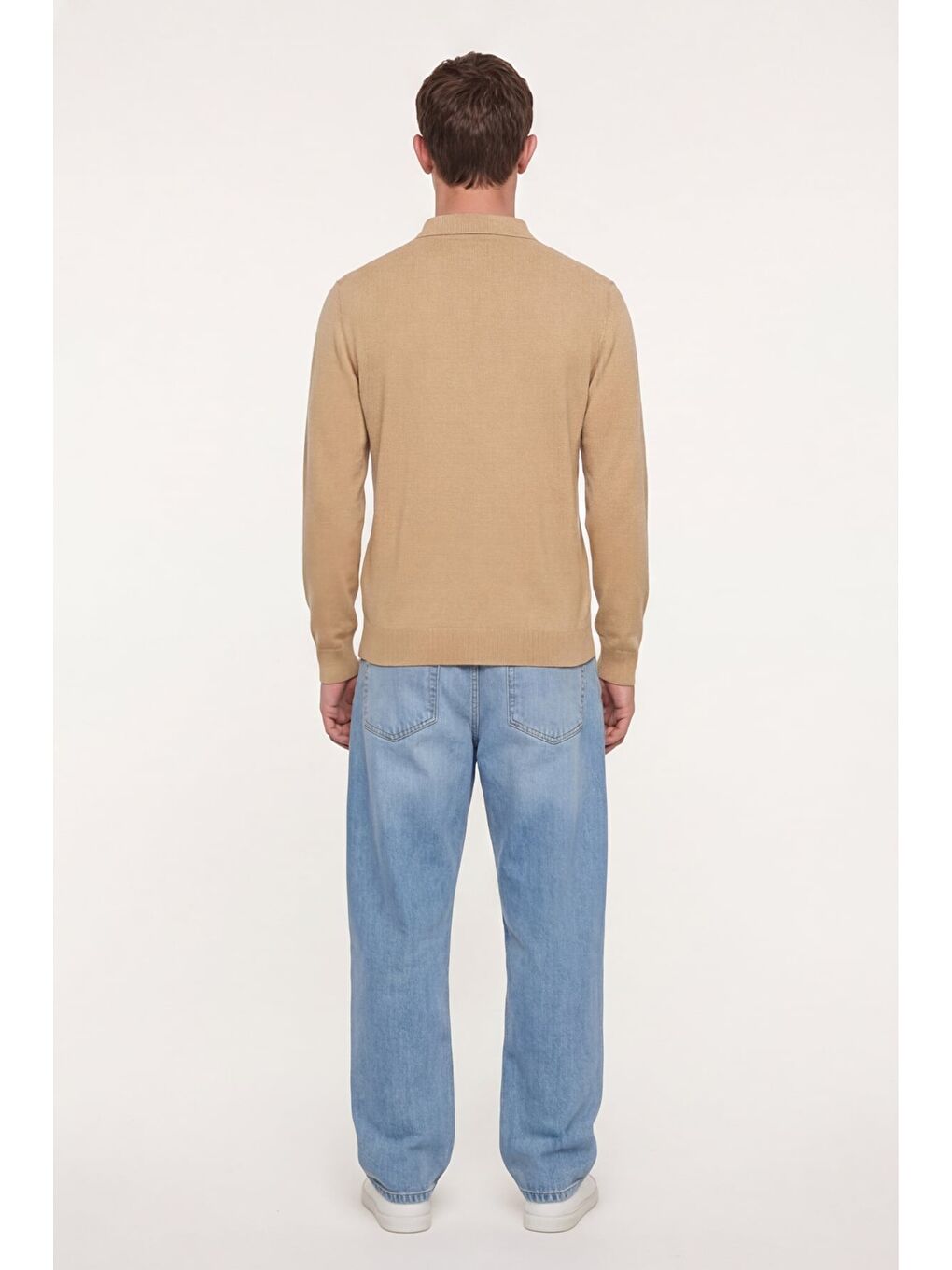 Erkek Açık Bej Normal Kesim Regular Fit Yünlü Düz Fermuarlı Polo Yaka Triko Kazak-3