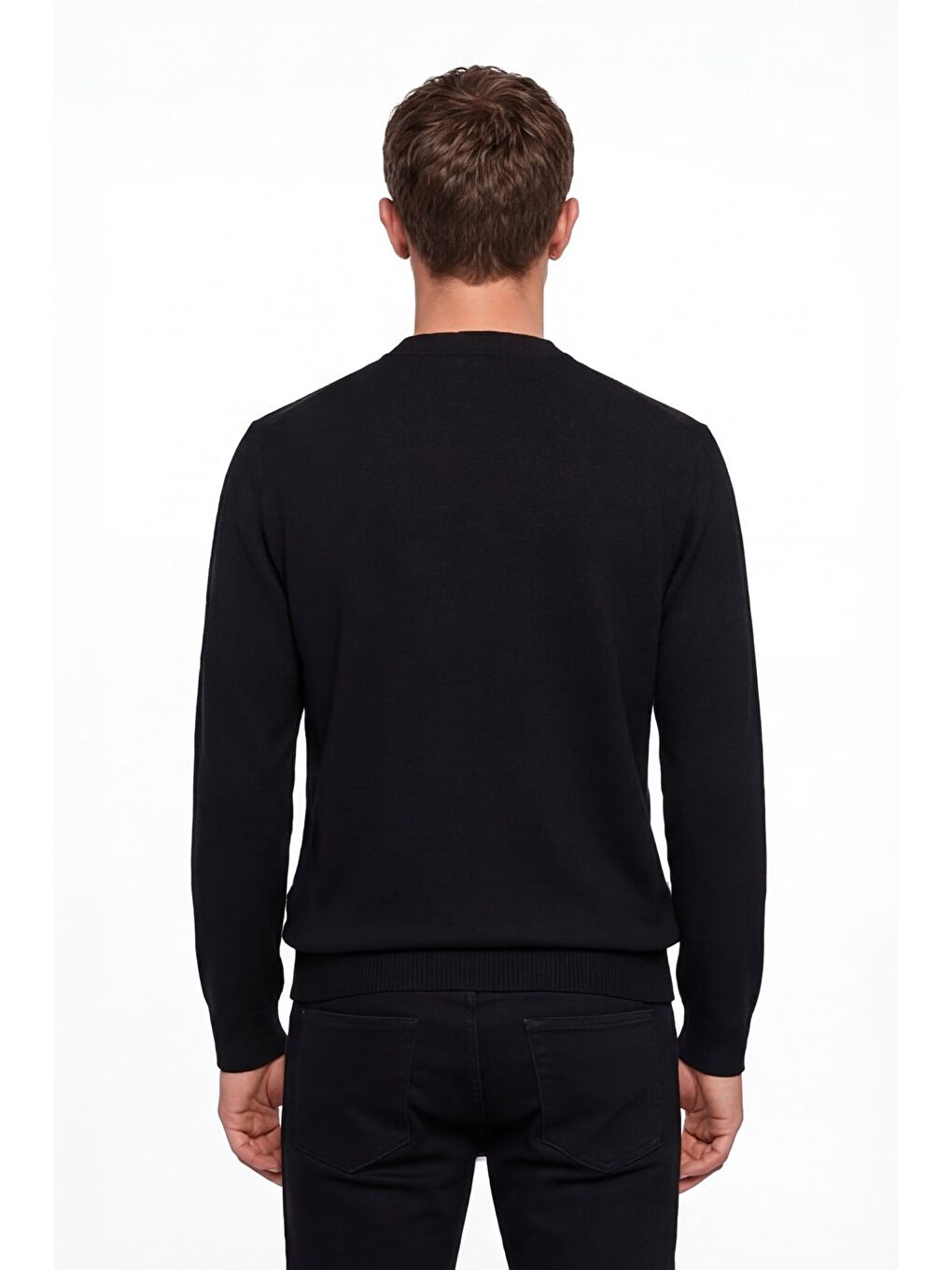 Erkek Siyah Normal Kesim Regular Fit Yünlü Dokuma Çizgi Desen Bisiklet Yaka Triko Kazak-3