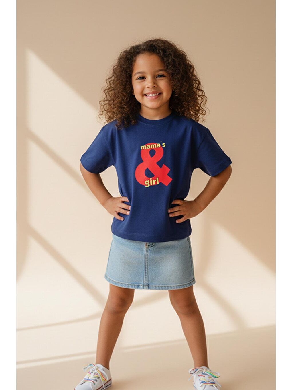 Lacivert Kız Çocuk Pamuklu Bisiklet Yaka Baskılı T-Shirt