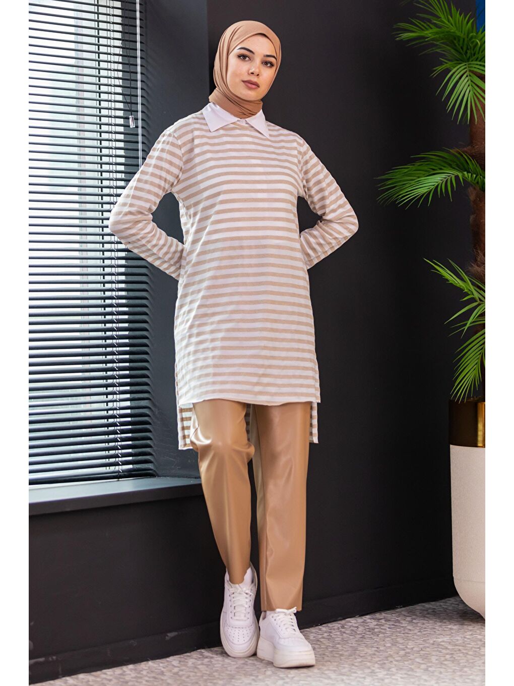 Bej Bisiklet Yaka Kadın Vizon Tunık - 3671-2