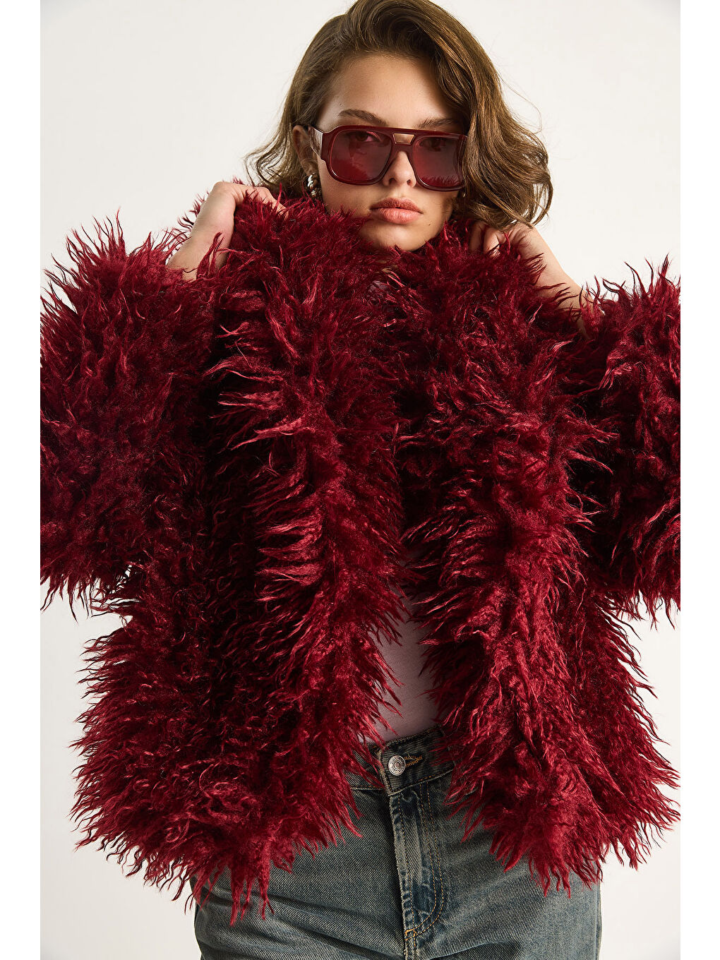 Bordo Kadın Astarlı Tiftik Tarz Tibet Kürk Ceket