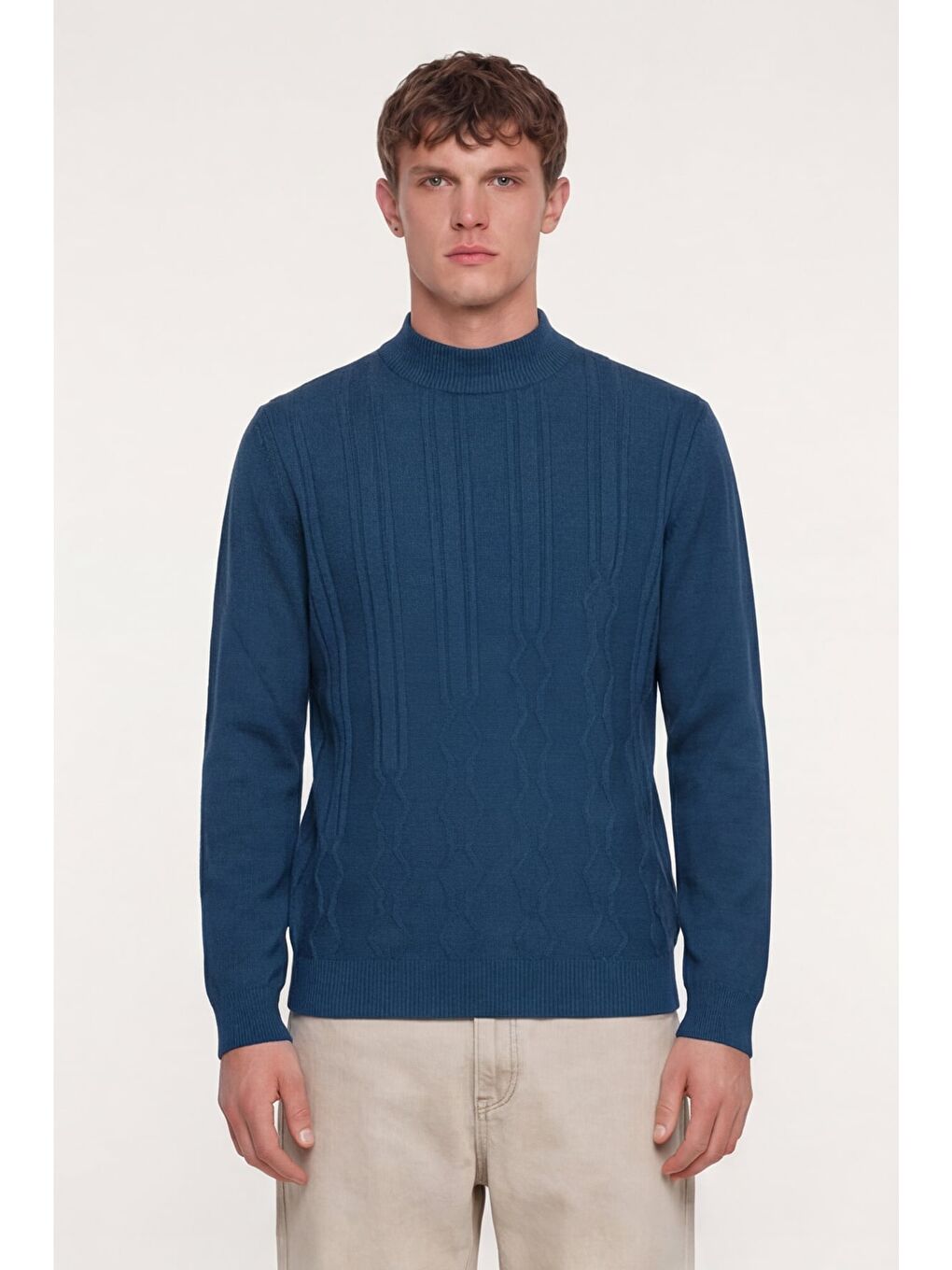 Erkek Petrol Dar Kesim Slim Fit Yünlü Yarım Balıkçı Yaka Triko Kazak