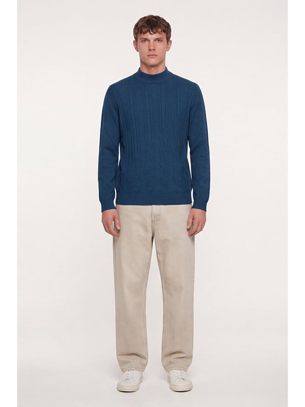 Erkek Petrol Dar Kesim Slim Fit Yünlü Yarım Balıkçı Yaka Triko Kazak-1