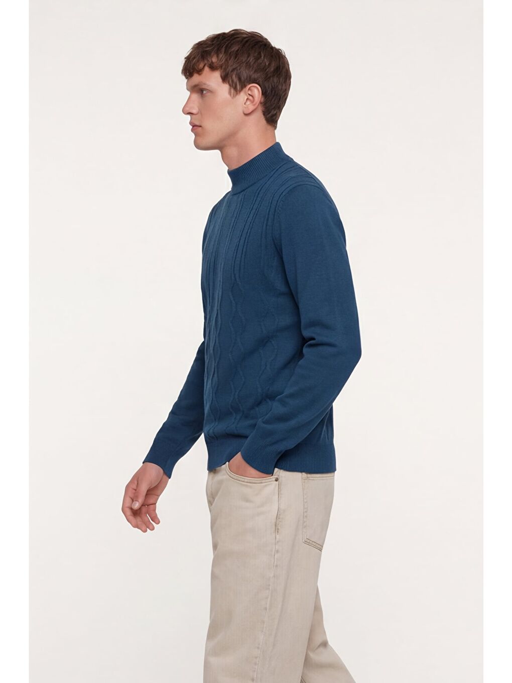 Erkek Petrol Dar Kesim Slim Fit Yünlü Yarım Balıkçı Yaka Triko Kazak-2