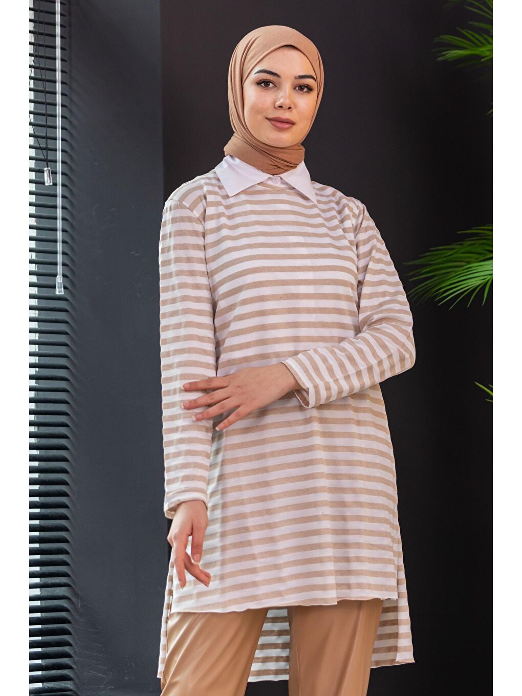 Bej Bisiklet Yaka Kadın Vizon Tunık - 3671-3