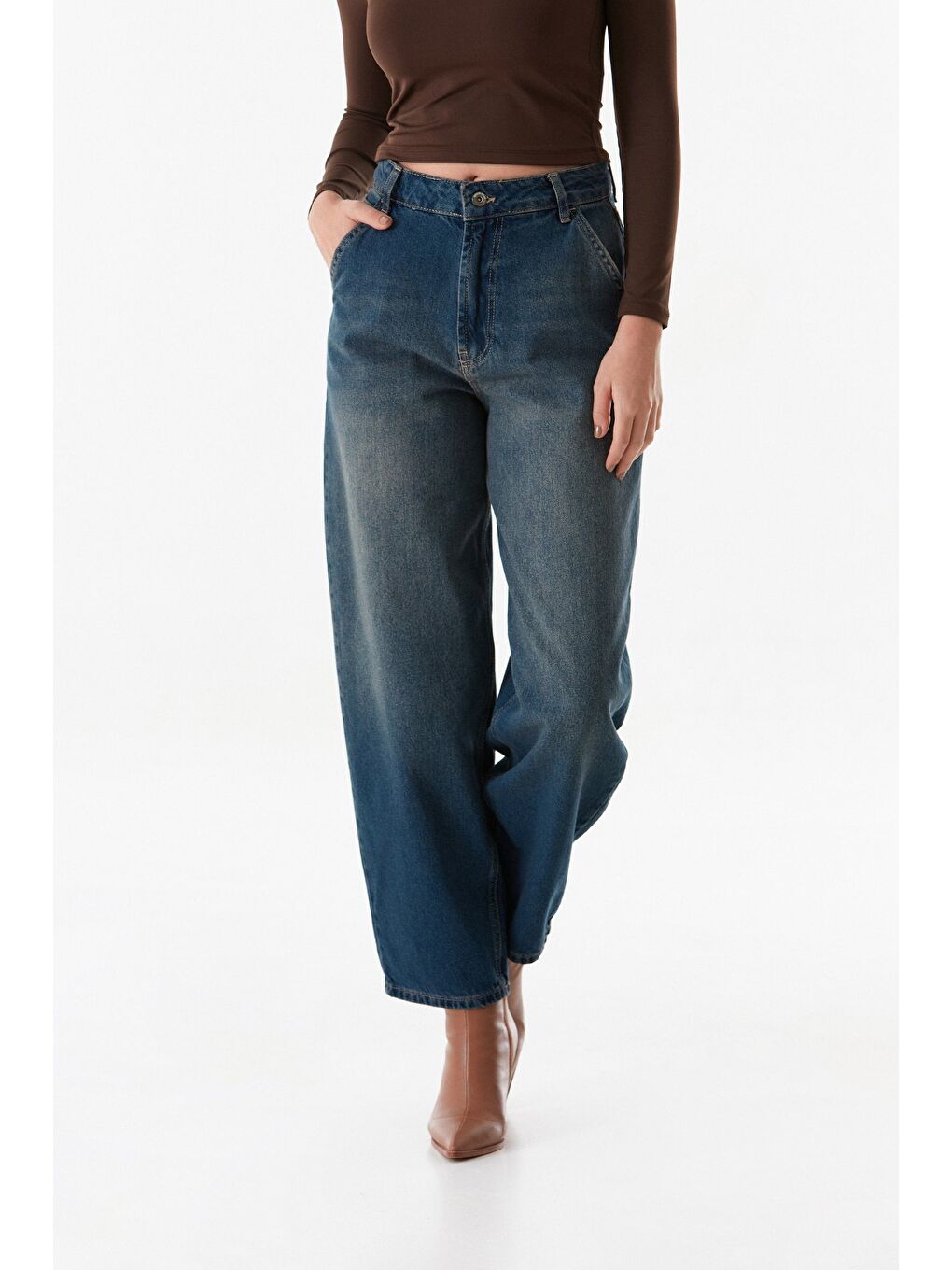 Lacivert Fermuarlı Şalvar Jean Pantolon-3