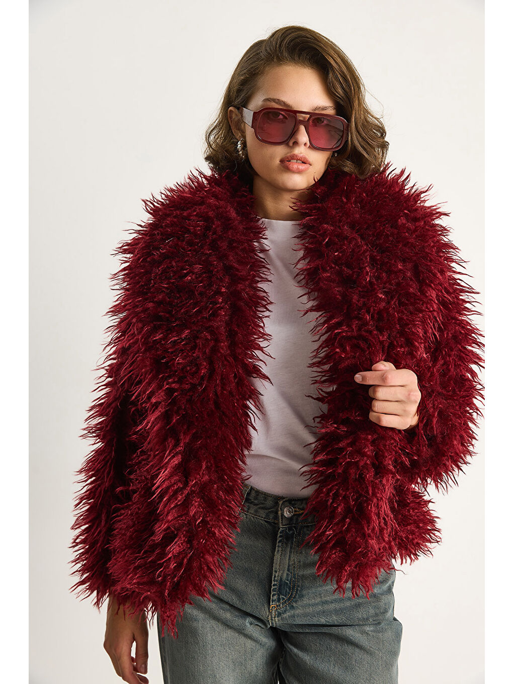 Bordo Kadın Astarlı Tiftik Tarz Tibet Kürk Ceket-1