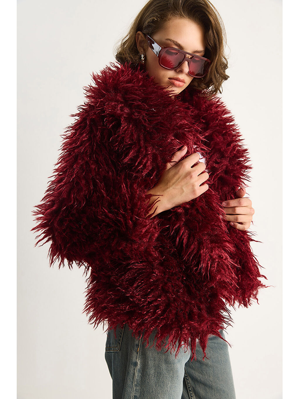 Bordo Kadın Astarlı Tiftik Tarz Tibet Kürk Ceket-2