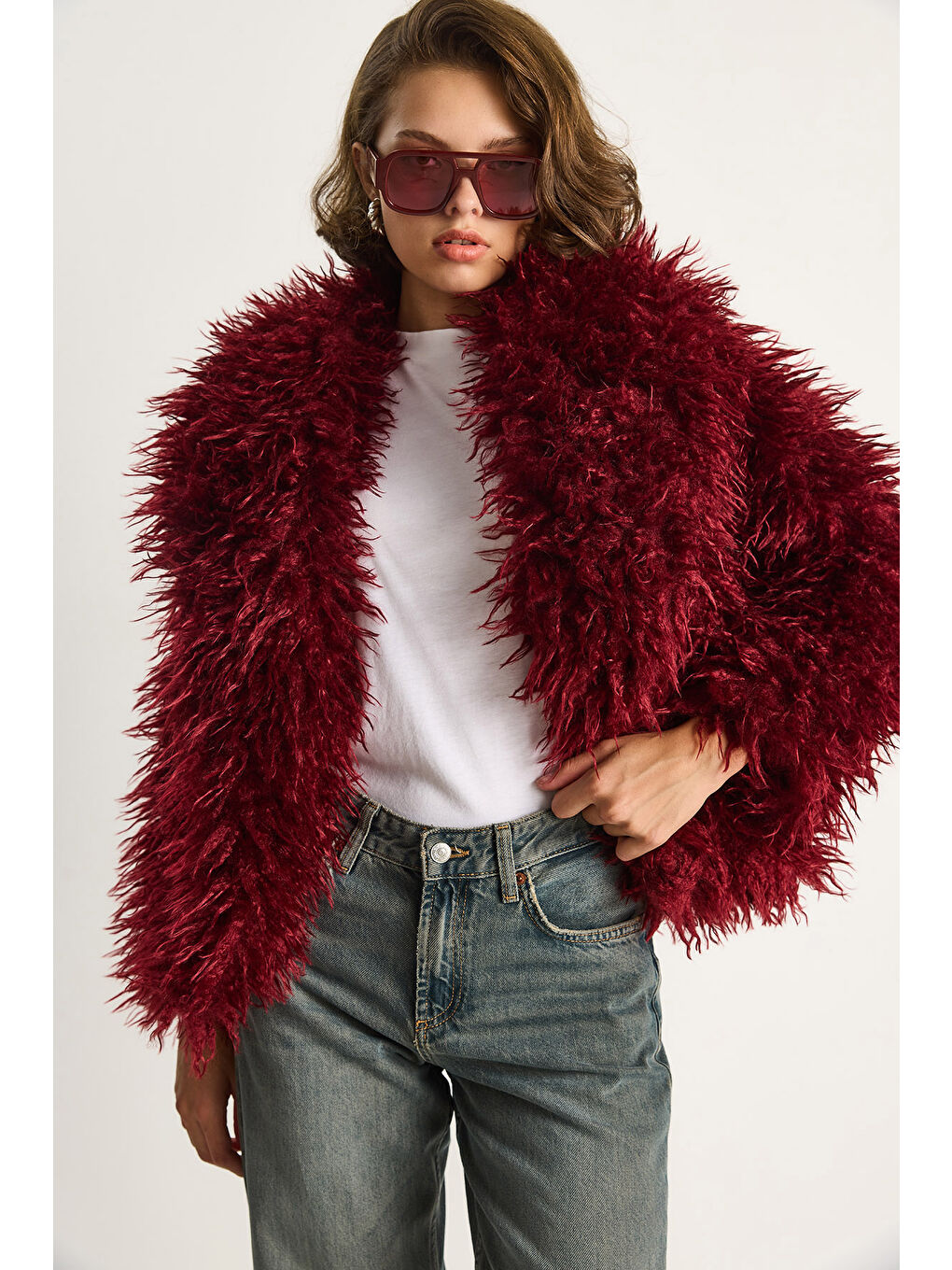 Bordo Kadın Astarlı Tiftik Tarz Tibet Kürk Ceket-3