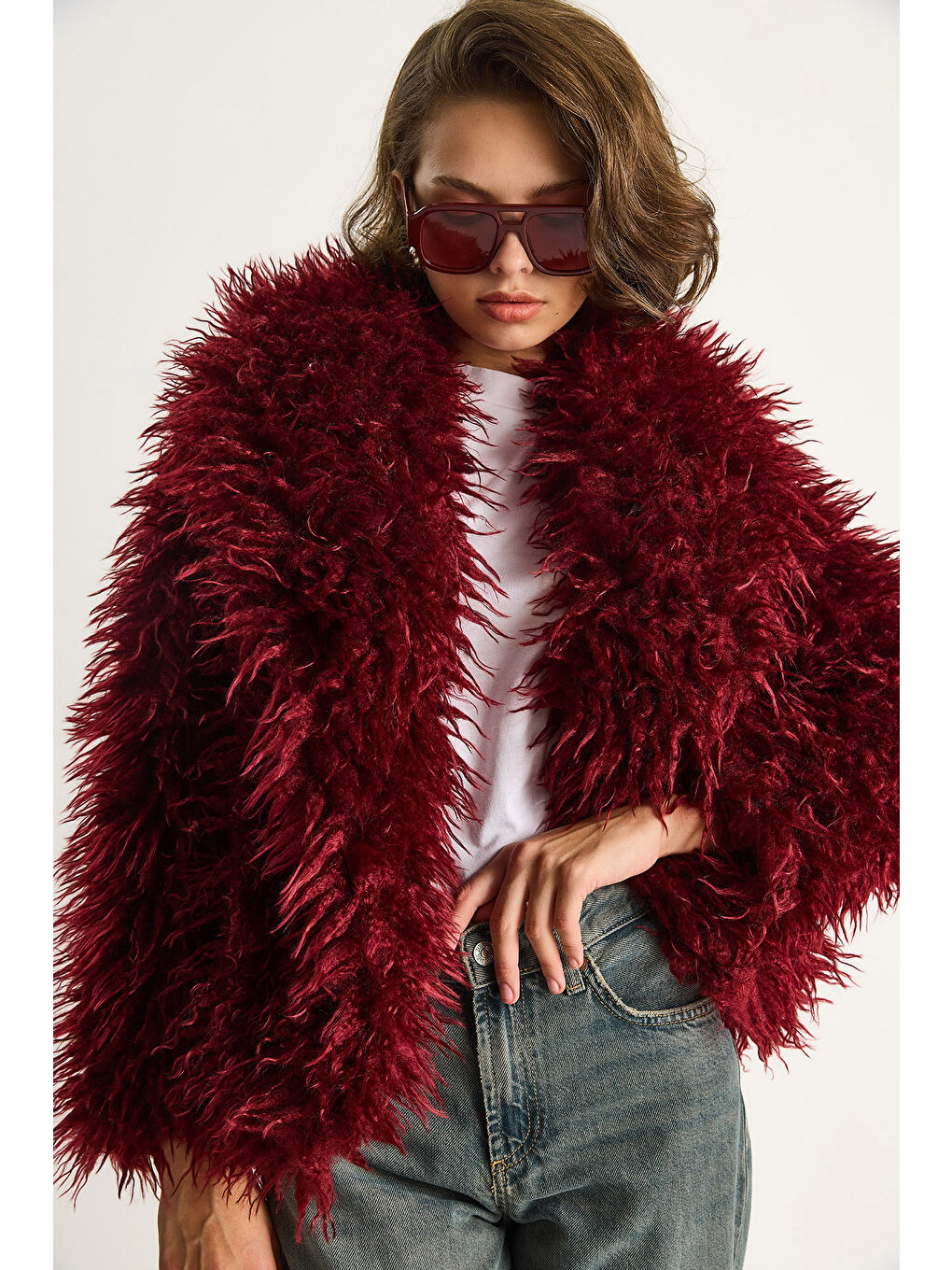 Bordo Kadın Astarlı Tiftik Tarz Tibet Kürk Ceket-4