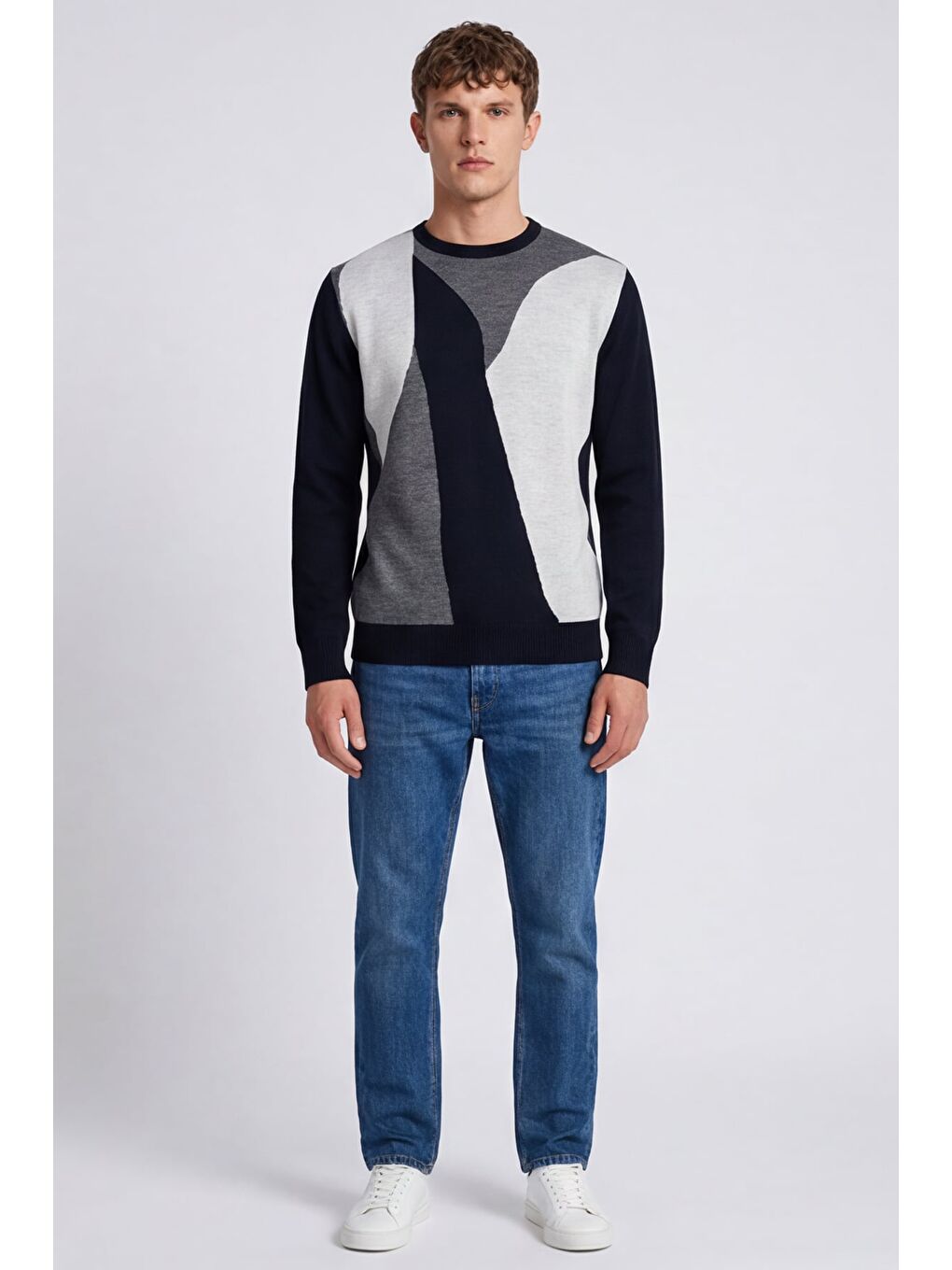 Erkek Siyah Normal Kesim Regular Fit Yünlü  Desenli Bisiklet Yaka Triko Kazak-1