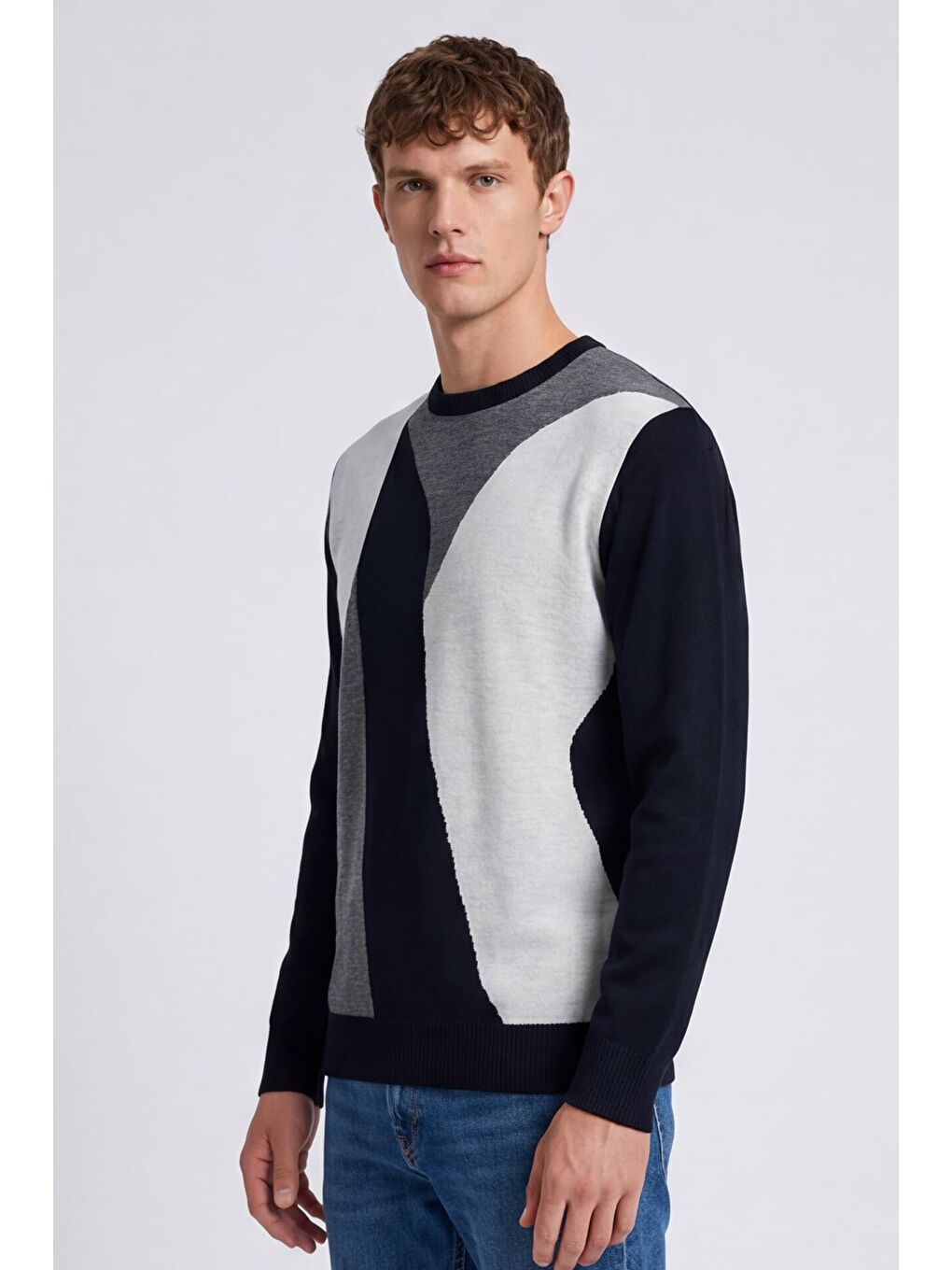 Erkek Siyah Normal Kesim Regular Fit Yünlü  Desenli Bisiklet Yaka Triko Kazak-2