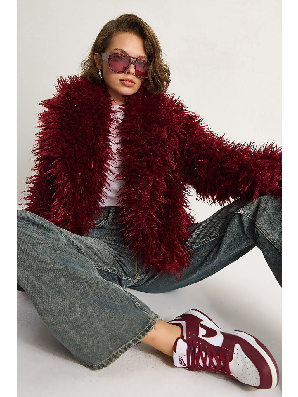 Bordo Kadın Astarlı Tiftik Tarz Tibet Kürk Ceket-5