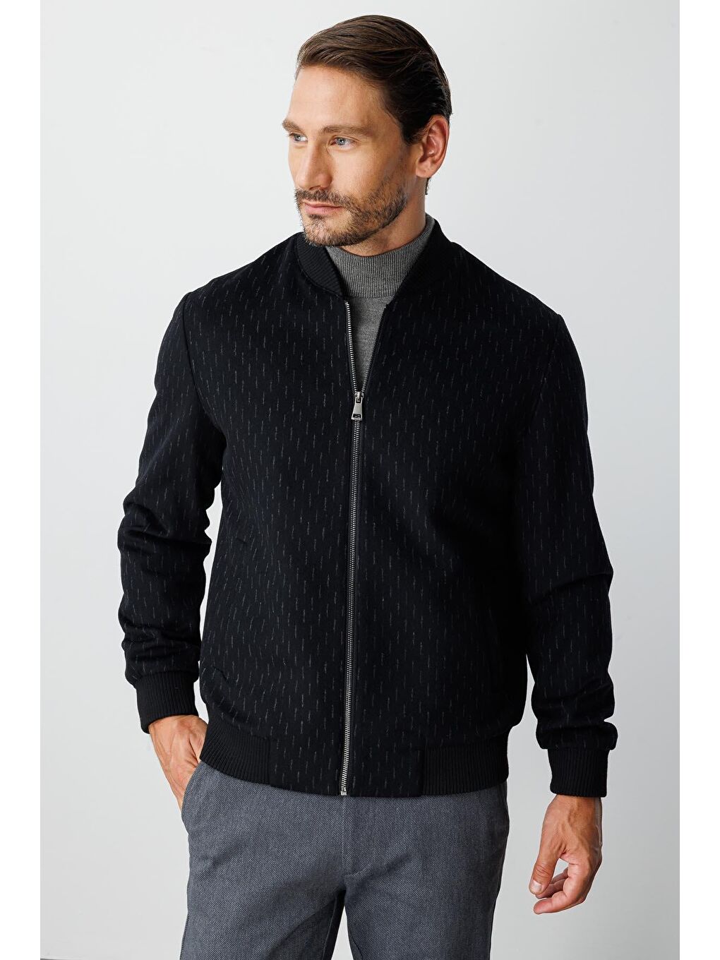 Erkek Fermuarlı Dik Yaka Klasik Mont – Siyah-3