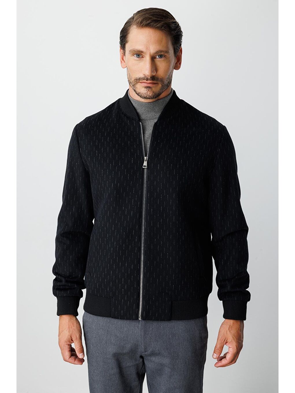 Erkek Fermuarlı Dik Yaka Klasik Mont – Siyah-4