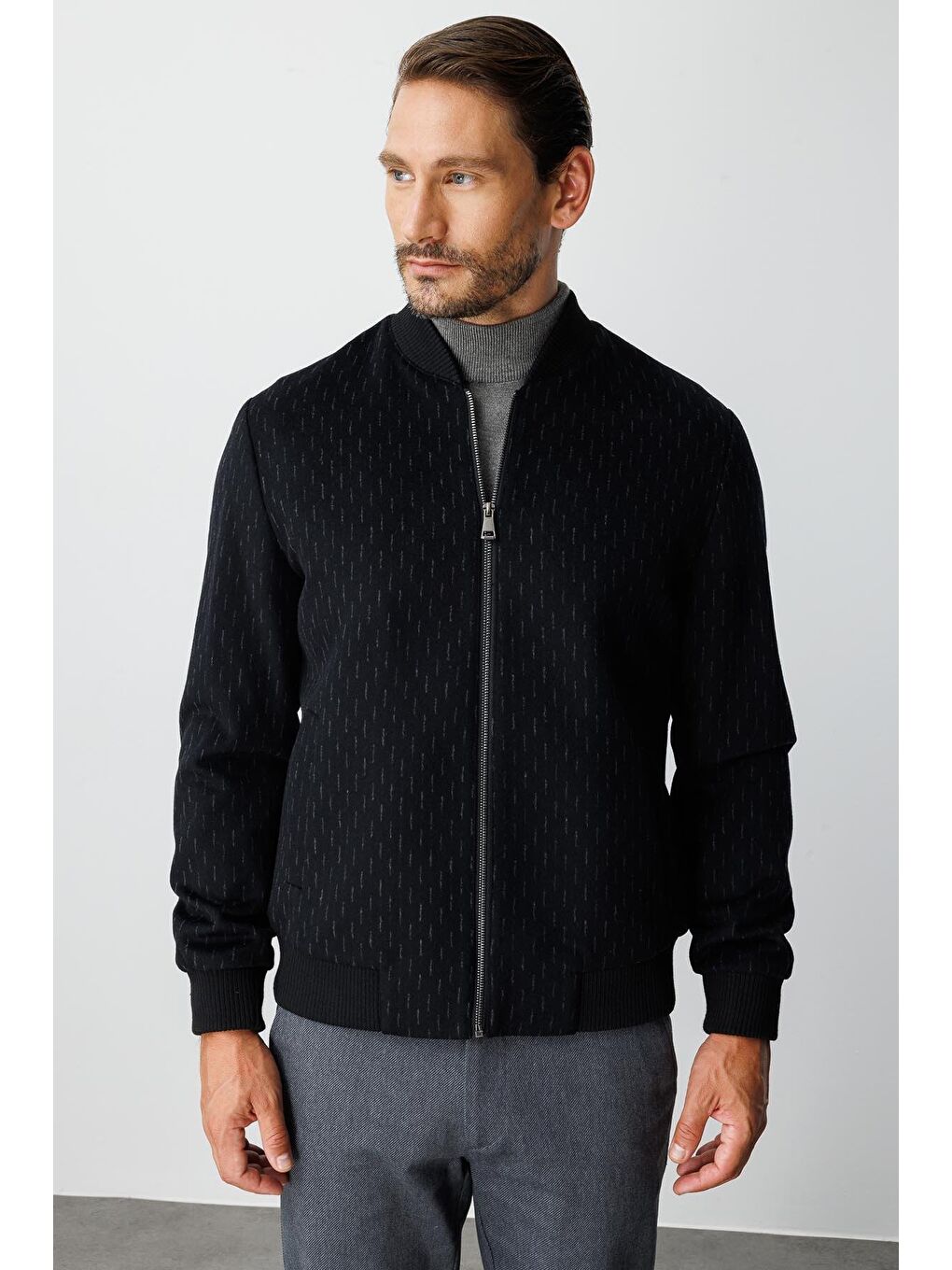 Erkek Fermuarlı Dik Yaka Klasik Mont – Siyah-5