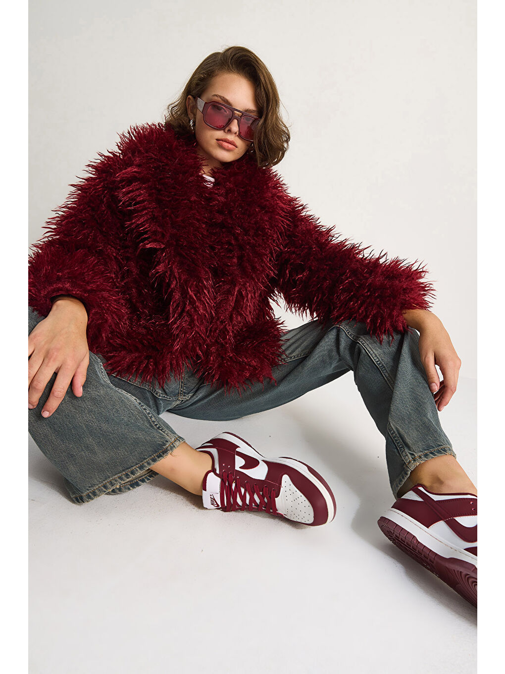 Bordo Kadın Astarlı Tiftik Tarz Tibet Kürk Ceket-6