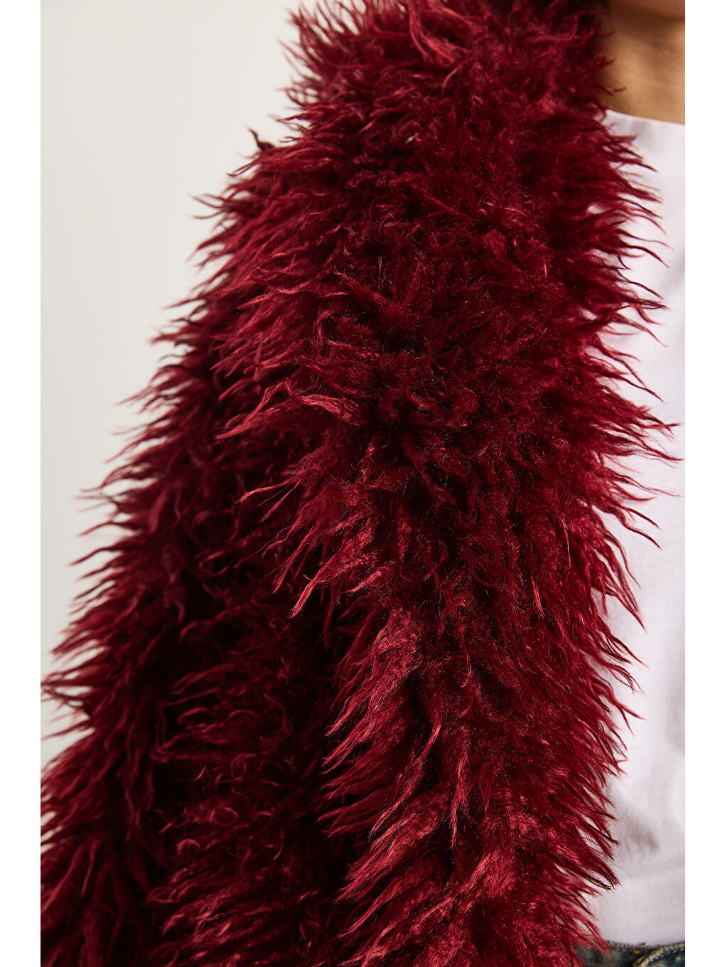 Bordo Kadın Astarlı Tiftik Tarz Tibet Kürk Ceket-7