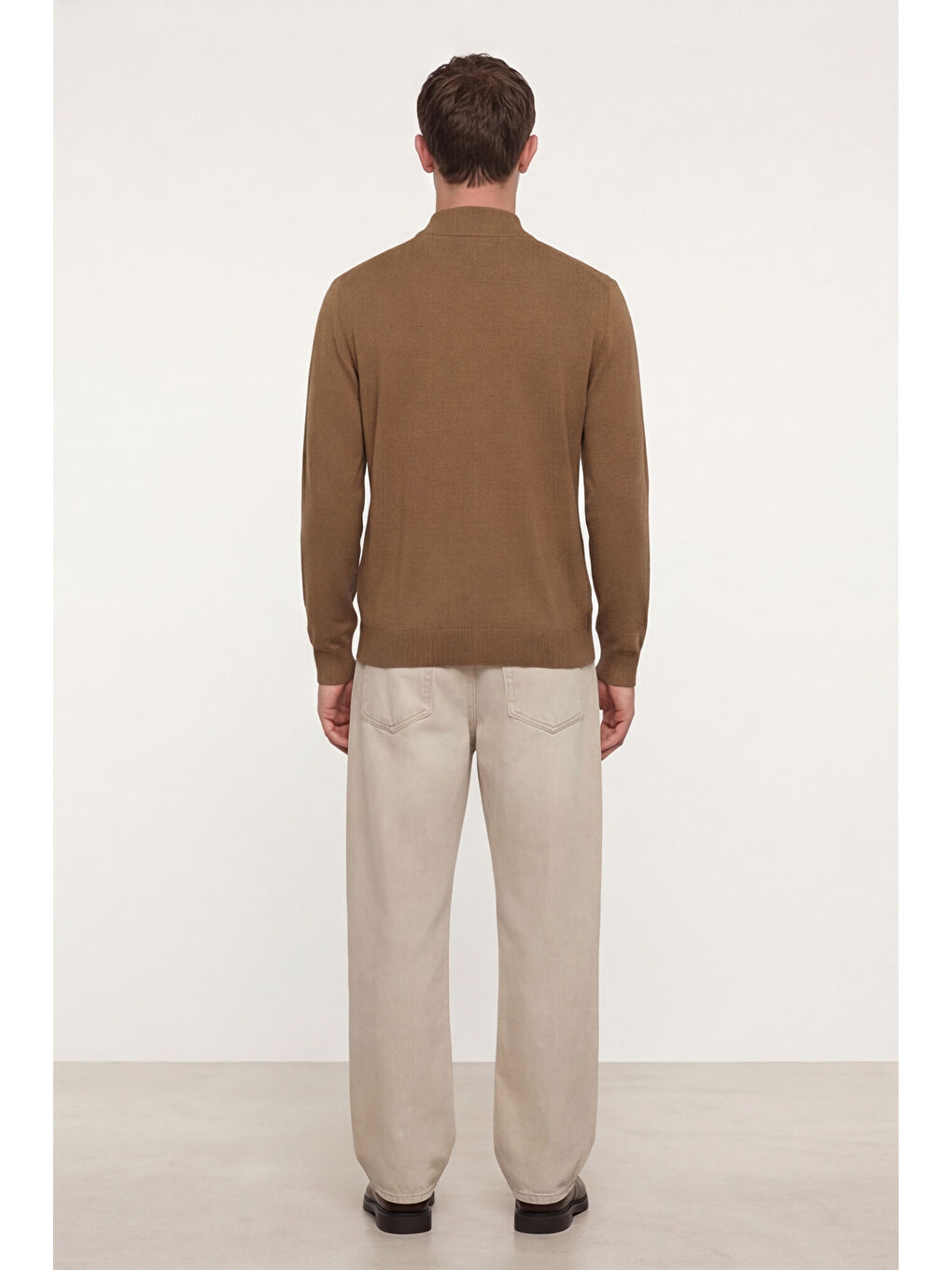 Kahverengi Erkek Camel Dar Kesim Slim Fit Yünlü Yarım Balıkçı Yaka Triko Kazak-3