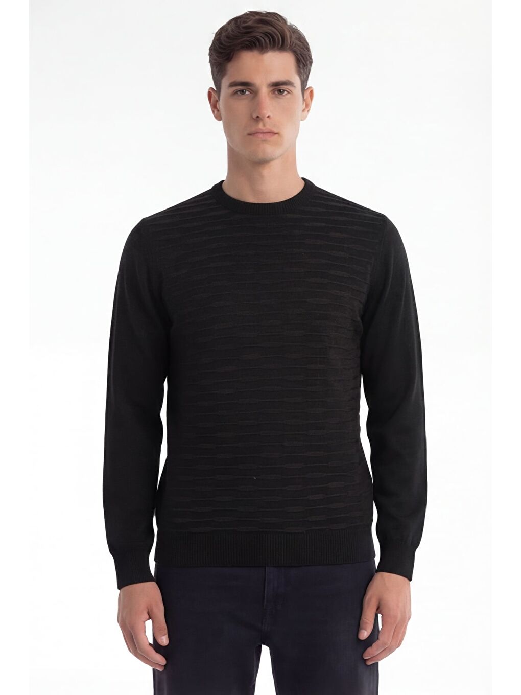 Erkek Siyah Normal Kesim Regular Fit Yünlü Standart Boy Dokuma Triko Kazak