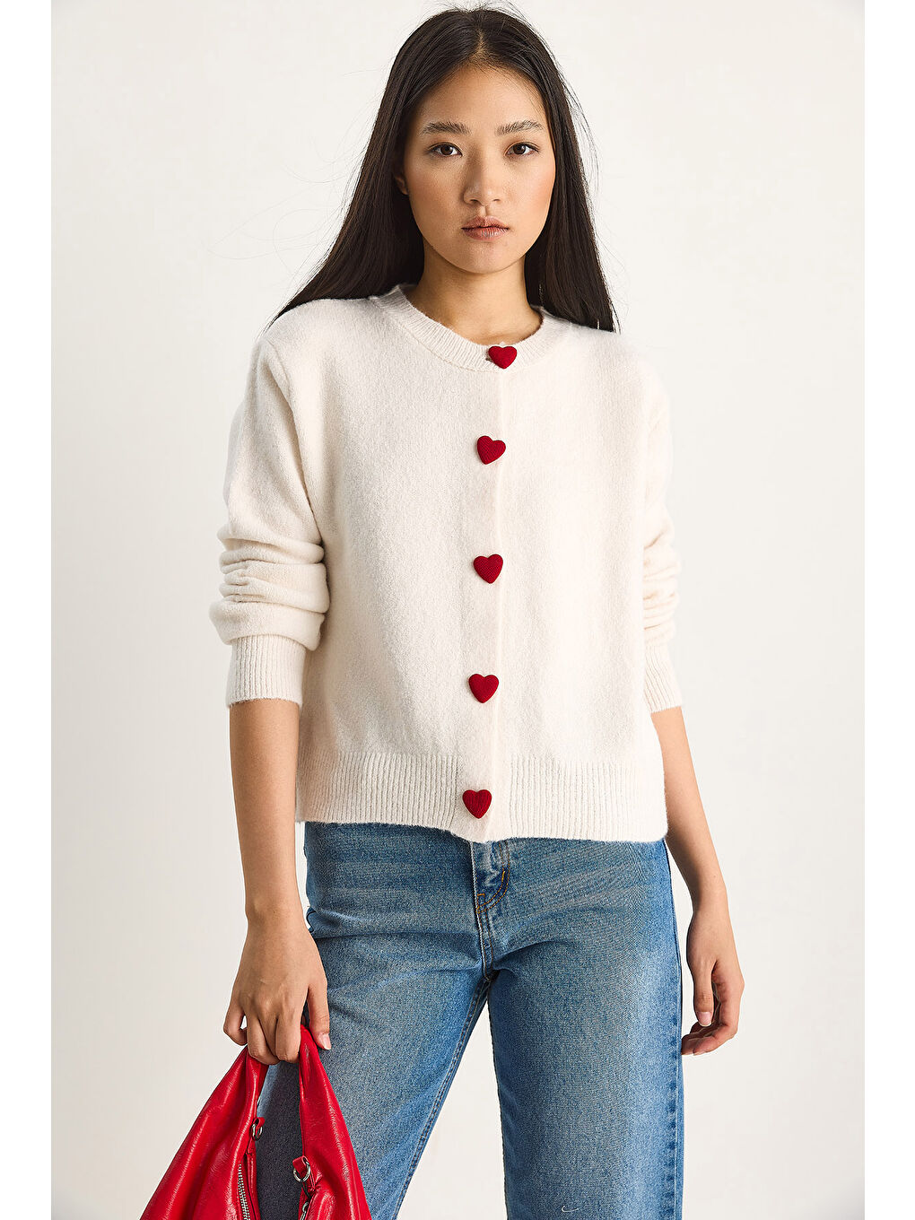 Bej Kadın Kalp Düğmeli Triko Hırka-1