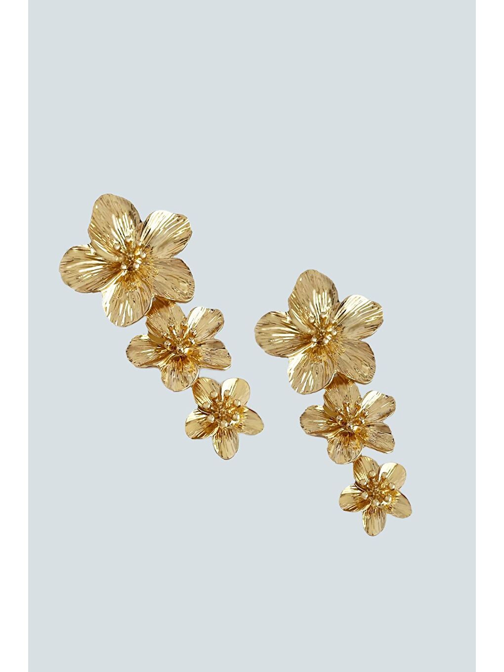 Sarı Altın Kaplama VIP 3 Sıralı Çiçek Küpe-1