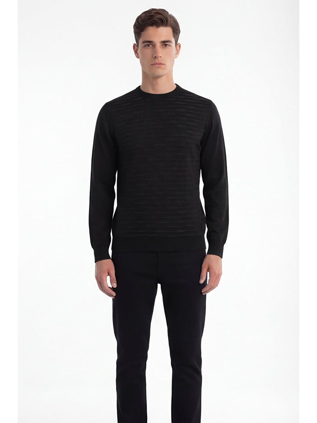 Erkek Siyah Normal Kesim Regular Fit Yünlü Standart Boy Dokuma Triko Kazak-1