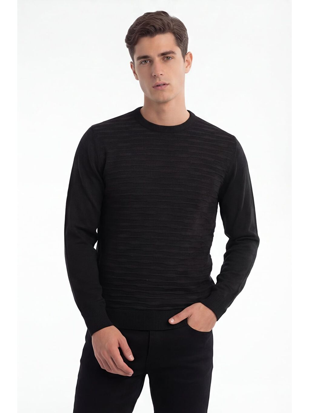 Erkek Siyah Normal Kesim Regular Fit Yünlü Standart Boy Dokuma Triko Kazak-2