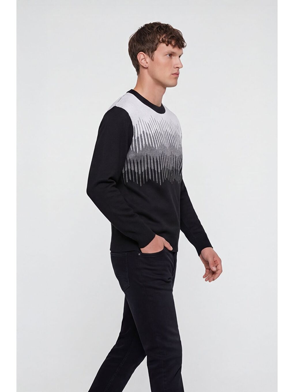 Erkek Siyah Normal Kesim Regular Fit Yünlü Dokuma Triko Kazak-2