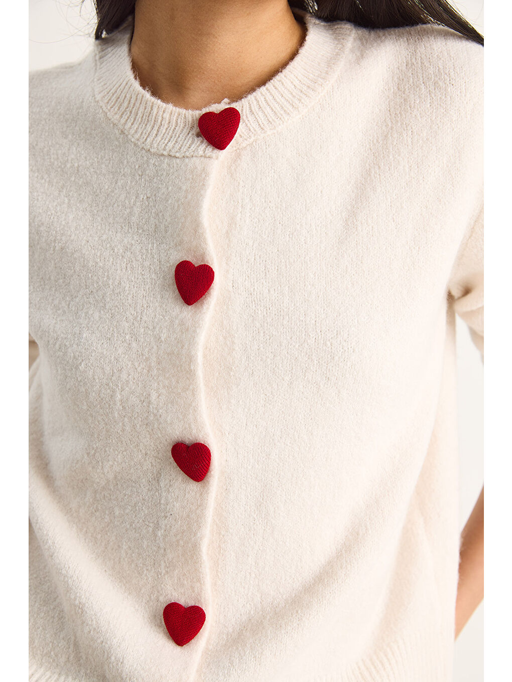 Bej Kadın Kalp Düğmeli Triko Hırka-5