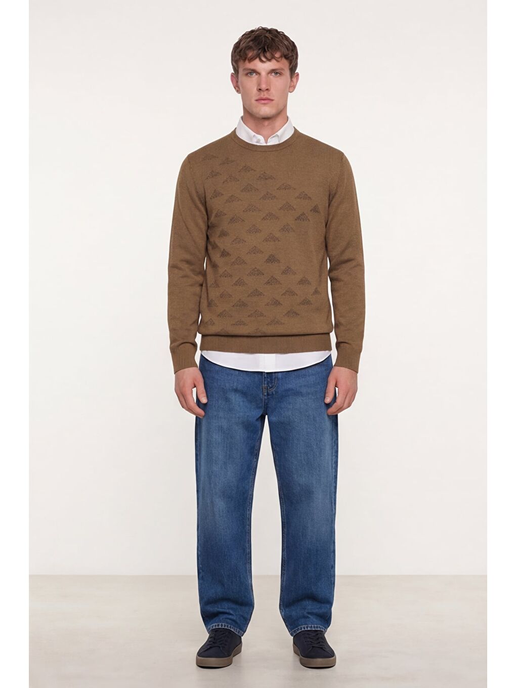 Kahverengi Erkek Camel Normal Kesim Regular Fit Yünlü Bisiklet Yaka Triko Kazak-1