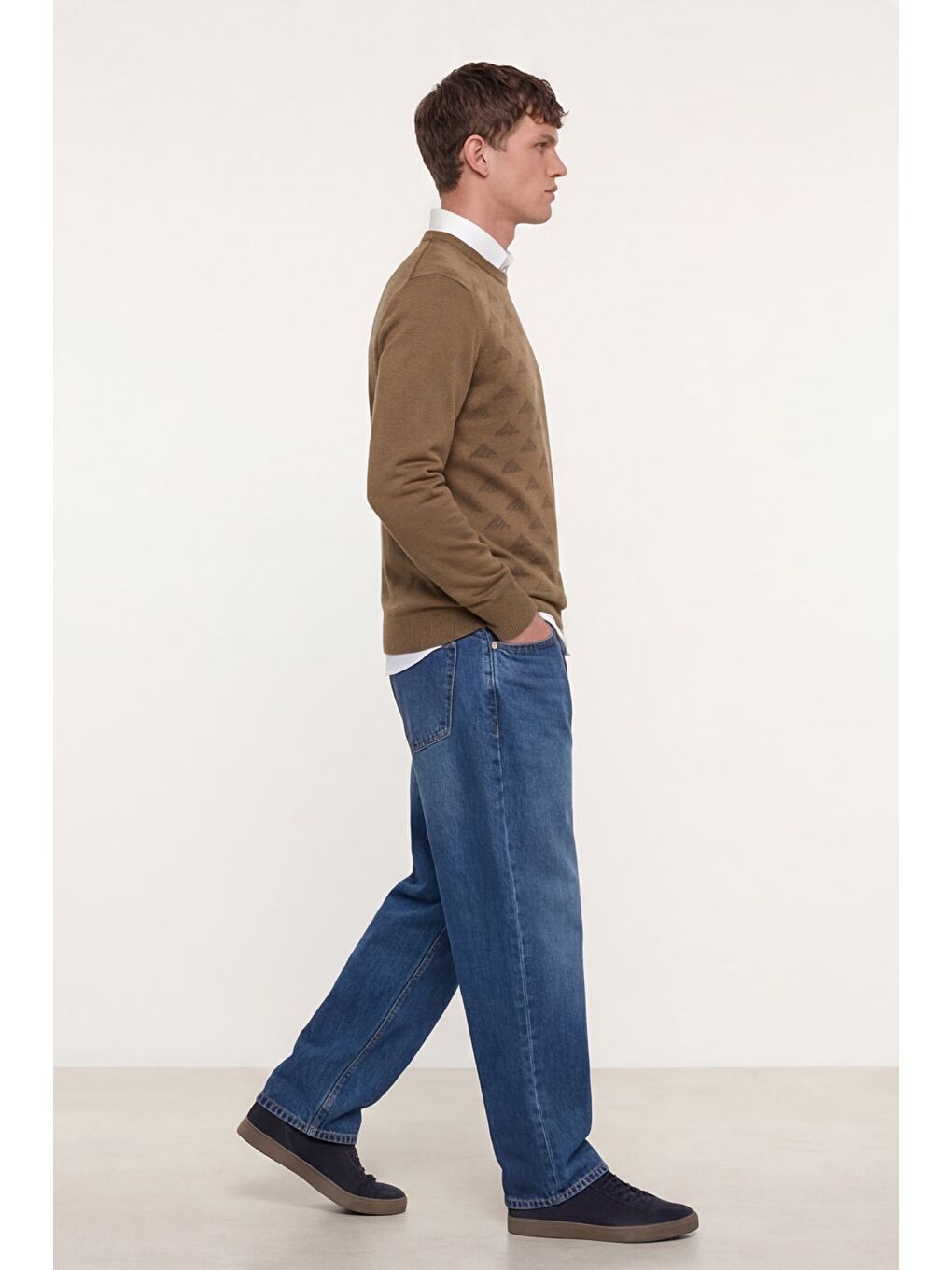 Kahverengi Erkek Camel Normal Kesim Regular Fit Yünlü Bisiklet Yaka Triko Kazak-2