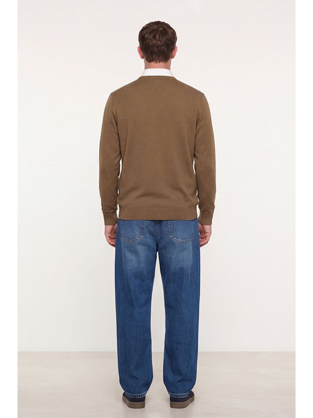 Kahverengi Erkek Camel Normal Kesim Regular Fit Yünlü Bisiklet Yaka Triko Kazak-3