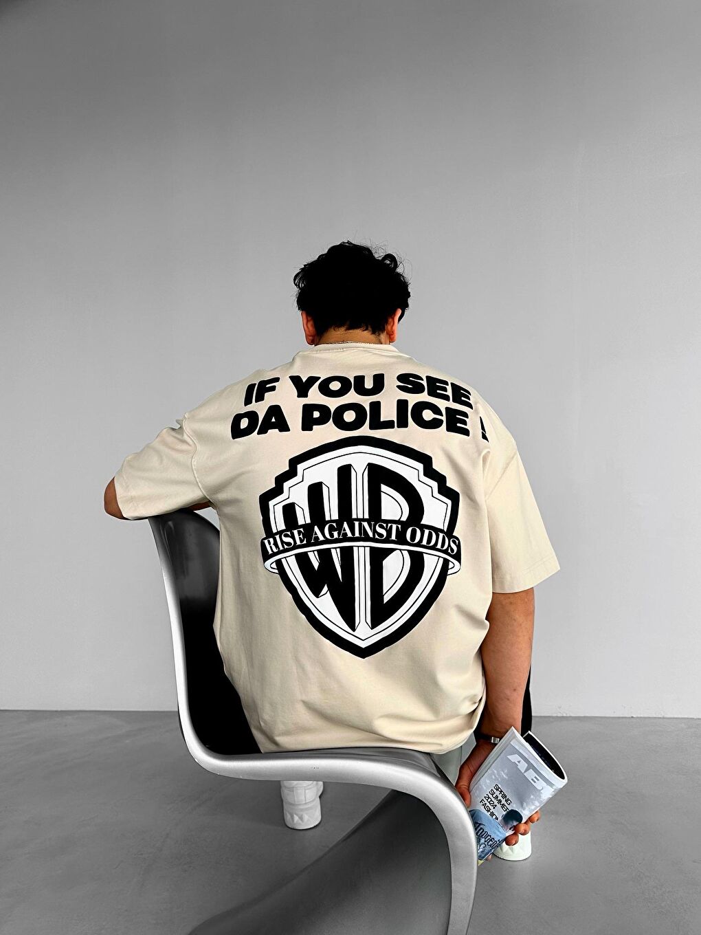 Erkek Oversize 'Police!' Baskılı İki İplik Tişört Bej-1