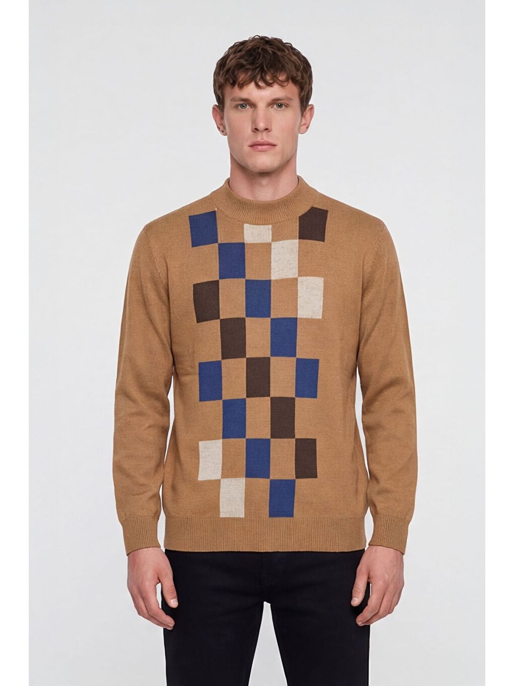 Kahverengi Erkek Camel Normal Kesim Regular Fit Yünlü Dokuma Desenli Triko Kazak