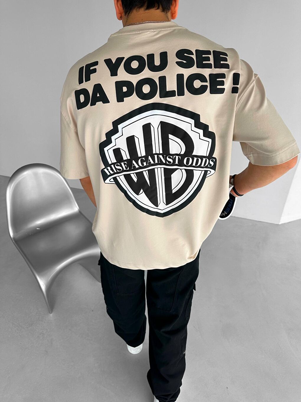 Erkek Oversize 'Police!' Baskılı İki İplik Tişört Bej-2
