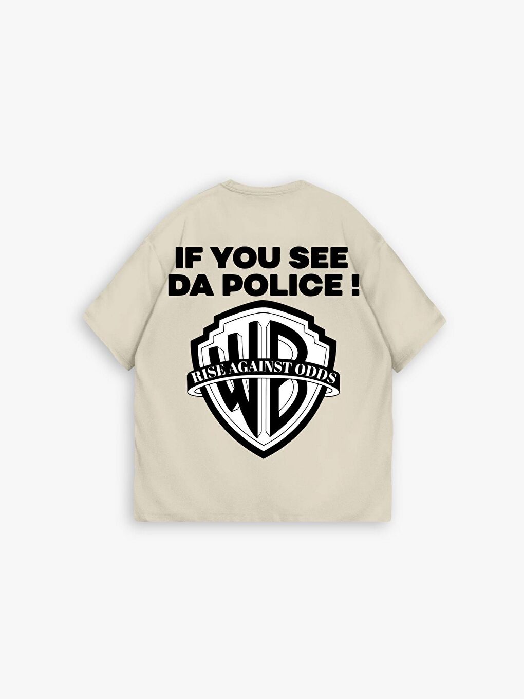 Erkek Oversize 'Police!' Baskılı İki İplik Tişört Bej-3