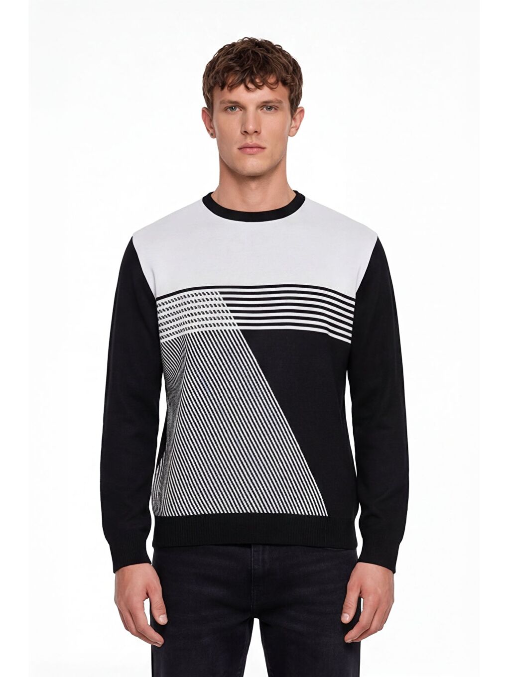 Erkek Siyah Normal Kesim Regular Fit Yünlü Desenli Bisiklet Yaka Triko Kazak